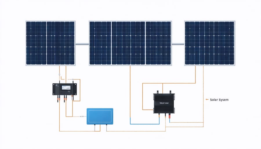 Illustration showing solar panels, battery bank, inverter, and charge controller connections in a 7kW system