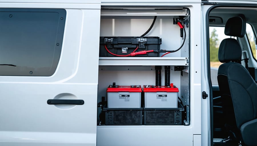 Lithium batteries mounted in custom wooden van cabinet