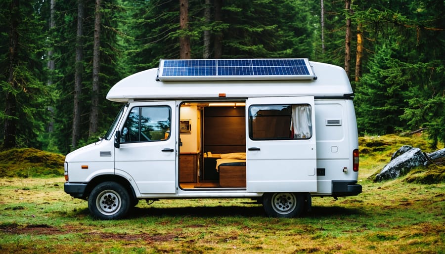 "Camper van with rooftop solar panels and open doors showing electrical setup in a natural forest setting."