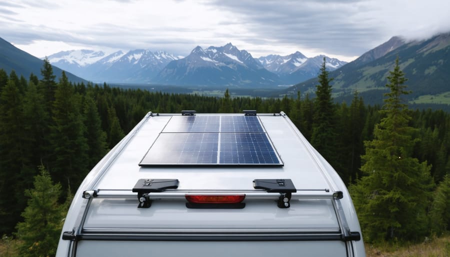 "Camper van with solar panels on the roof, parked in a picturesque mountain setting, demonstrating mobile solar power advantages."