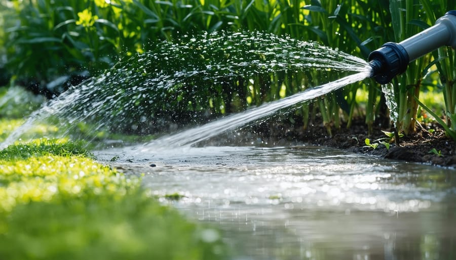 Close-up of drip irrigation emitter watering soil around plant base