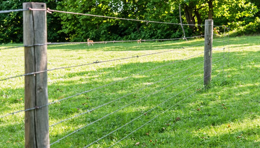 Electric fence installation with white posts and steel wire