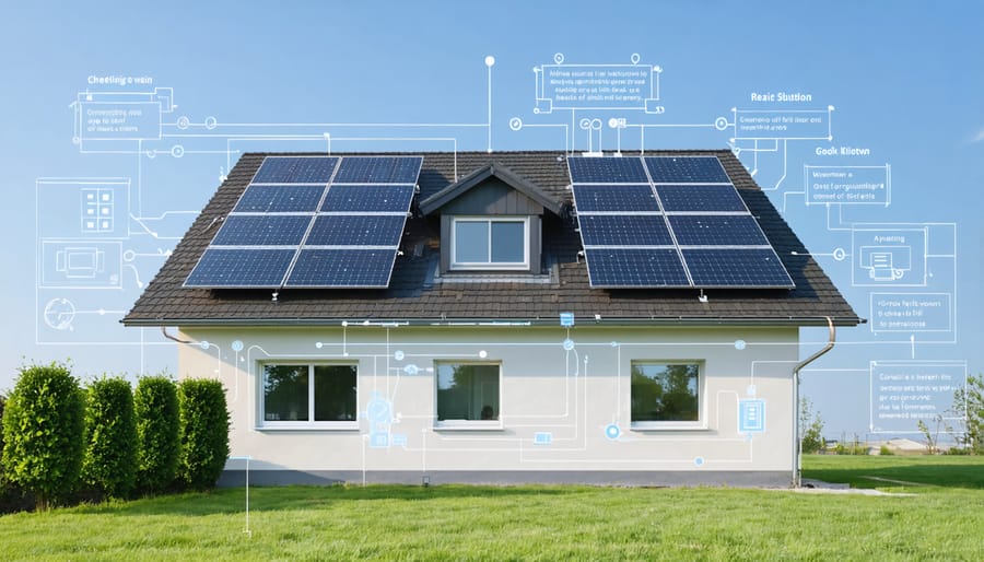 Conceptual image depicting a house with solar panels and an overlaid electrical diagram, highlighting wiring, grounding, and rapid shutdown systems, symbolizing the importance of safety and compliance in residential solar installations.