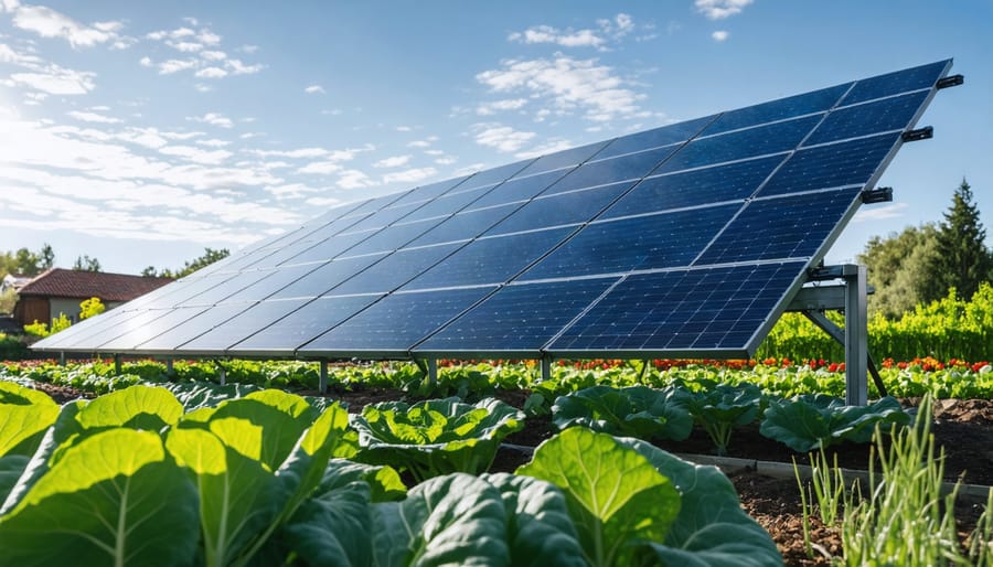 Solar panel mounted on pole overlooking vegetable garden