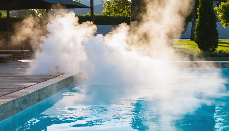 Steam rising from heated swimming pool surface at dawn