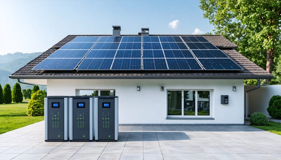 Residential garage power wall installation with solar charge controller and batteries