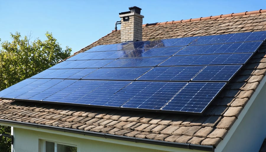 Residential rooftop solar panel array during golden hour lighting