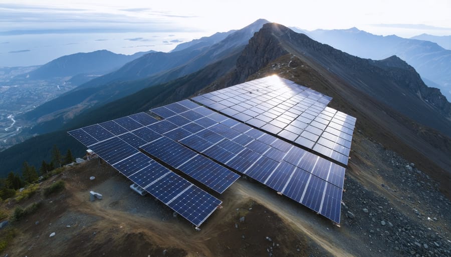 "A large off-grid solar installation on a remote mountain, with extensive photovoltaic panels set against rugged natural terrain."
