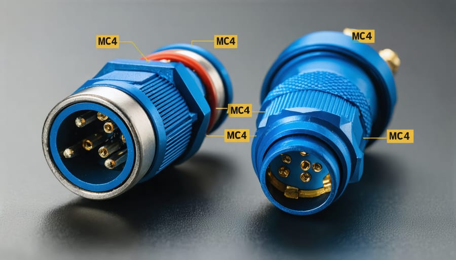 Close-up view of MC4 solar connectors showing male and female parts