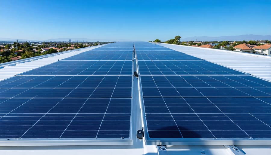 "A series of sleek solar panels installed on a sunny rooftop, reflecting sunlight with a clear sky above and a hint of suburban area in the background."
