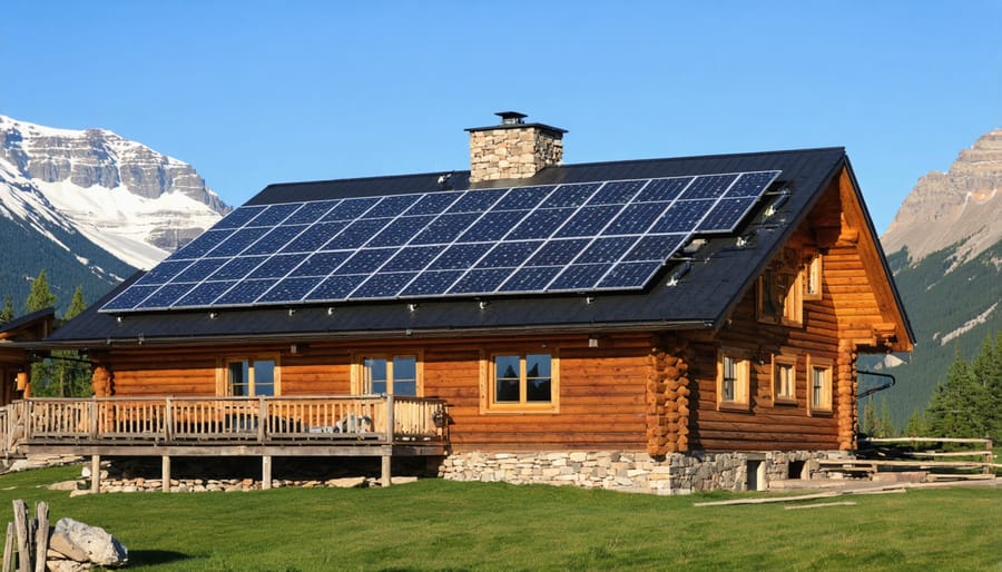Extensive solar panel array installed on mountain slope above wooden lodge