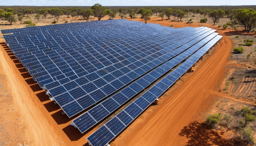 Aerial view of solar-powered ranch complex in Australian outback