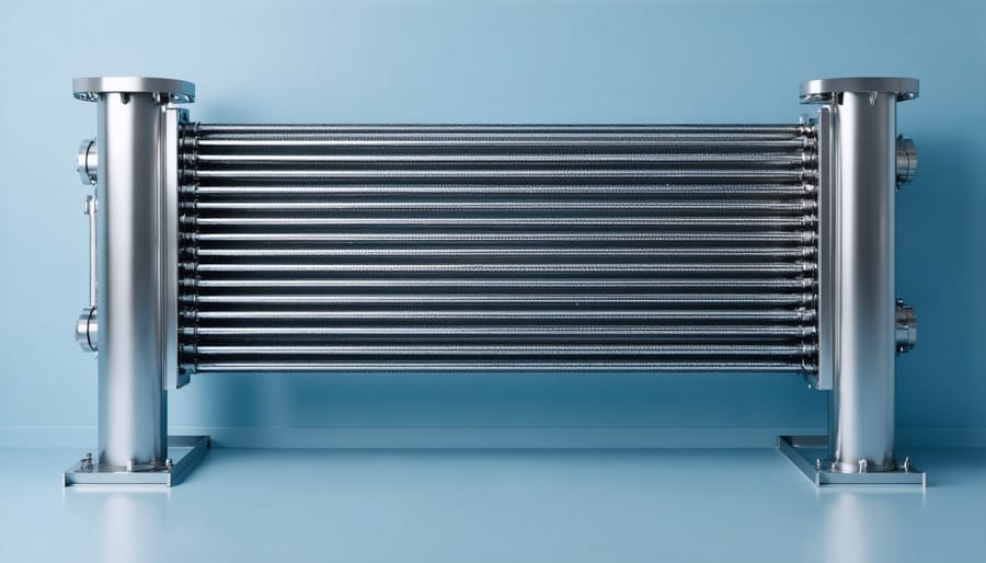 Titanium shell-and-tube heat exchanger mounted on pool equipment pad