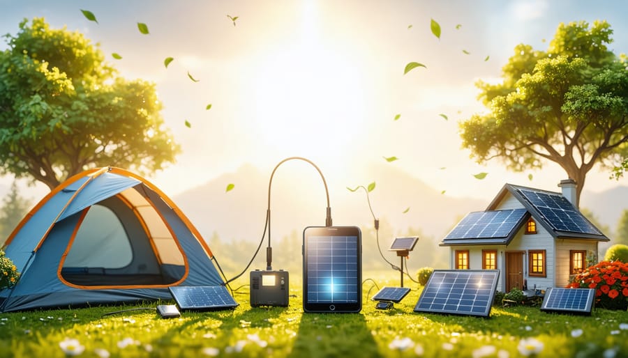 An illustration of diverse micro solar-powered projects including a camping phone charger, a garden monitoring system, and home LED lighting, each utilizing small solar panels under the sun.