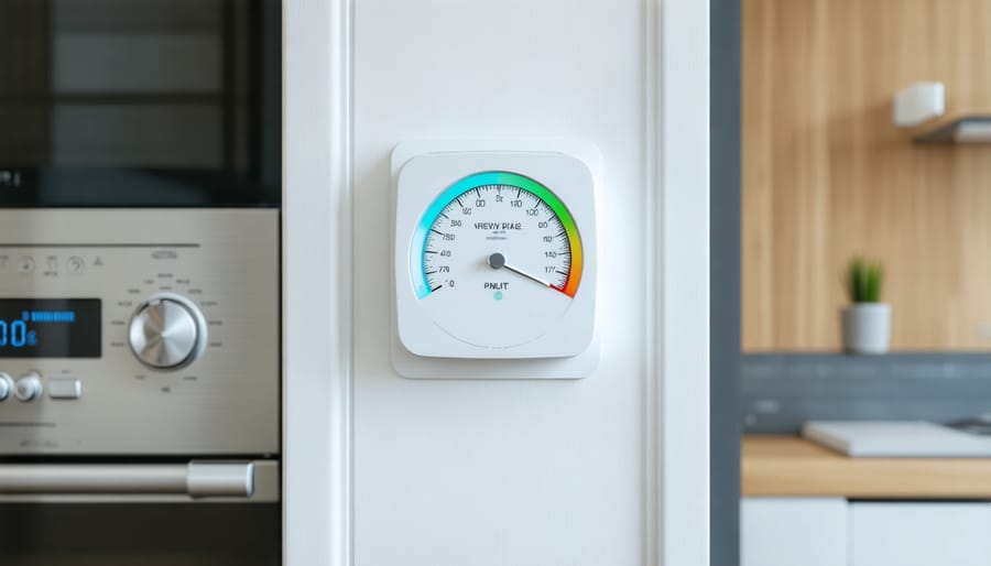Hand holding power consumption meter against electrical outlet