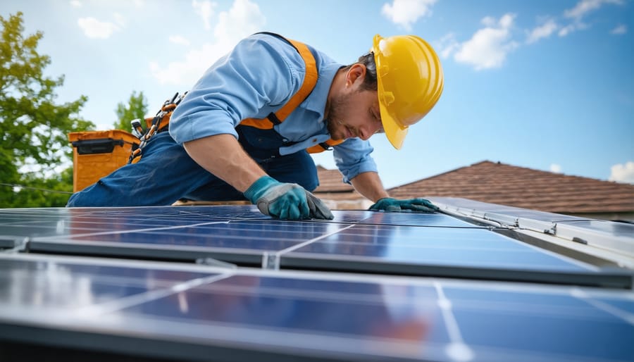 Hands of solar technician connecting solar panels on rooftop