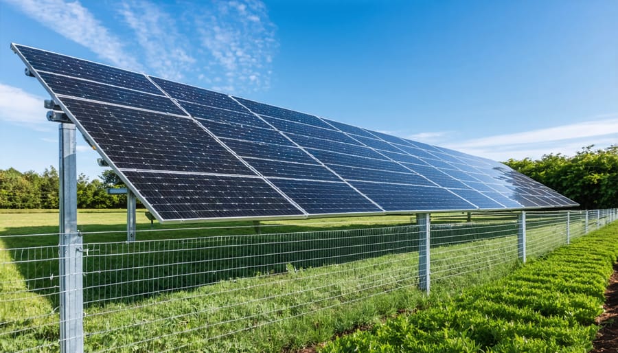 Solar panel mounted on metal post in garden setting