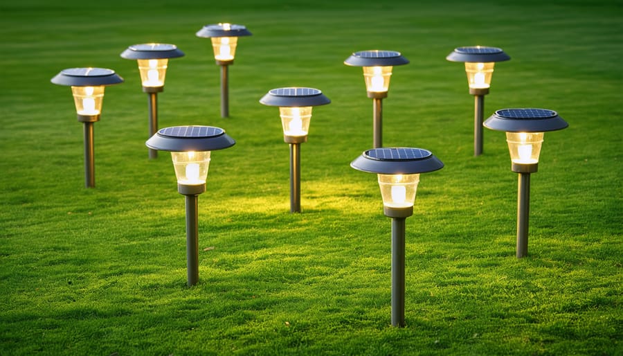 "Collection of solar-powered garden lights with various designs and configurations positioned on a lawn during sunset with a garden setting in the background."
