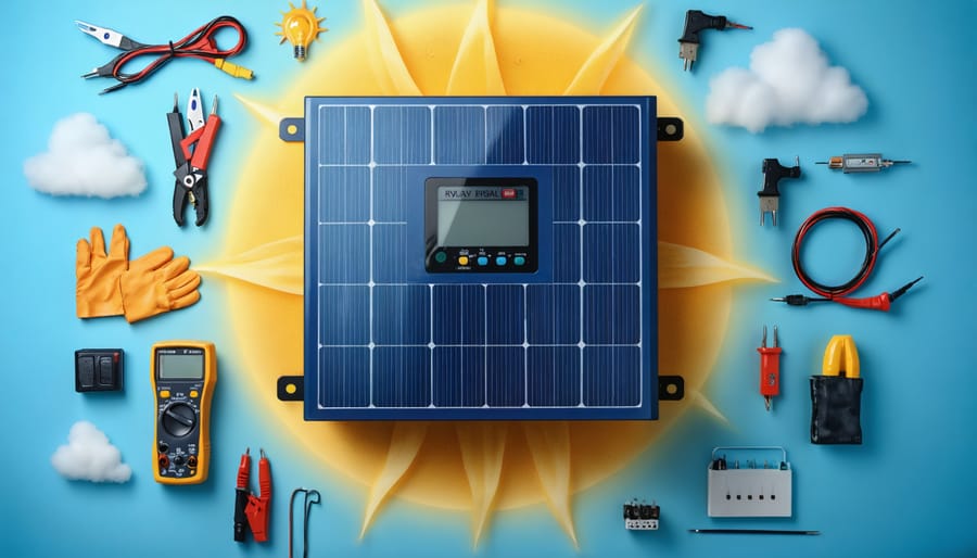Conceptual illustration of a solar inverter with troubleshooting tools like a multimeter and safety gloves, arranged in the shape of a sun to represent solar energy repair solutions.