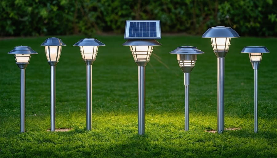 Collection of solar-powered garden lights at sunset showing different designs