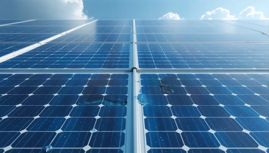 Sequential images showing proper solar panel cleaning techniques and equipment