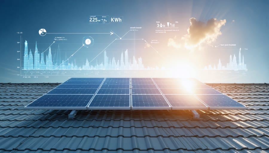 Conceptual illustration showing a solar panel on a tilted rooftop demonstrating daytime sun positions, related efficiency factors, and a digital display indicating power output variations.