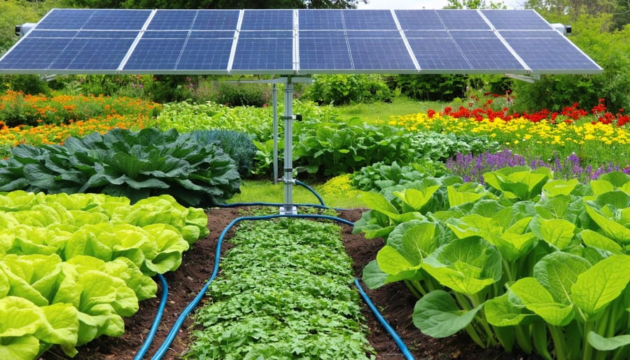 "A solar-powered drip irrigation system in a vibrant vegetable garden with solar panel and drip lines visible."