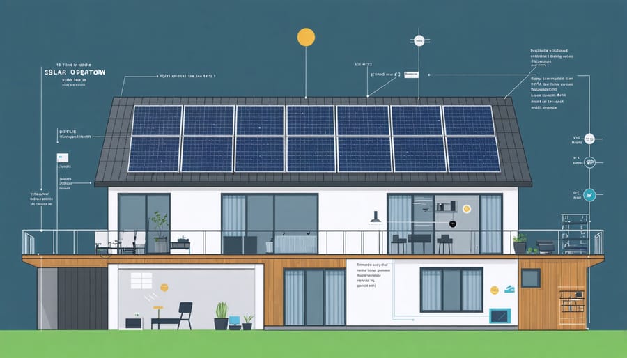 Technical illustration of solar panel rapid shutdown system with labeled components and safety features