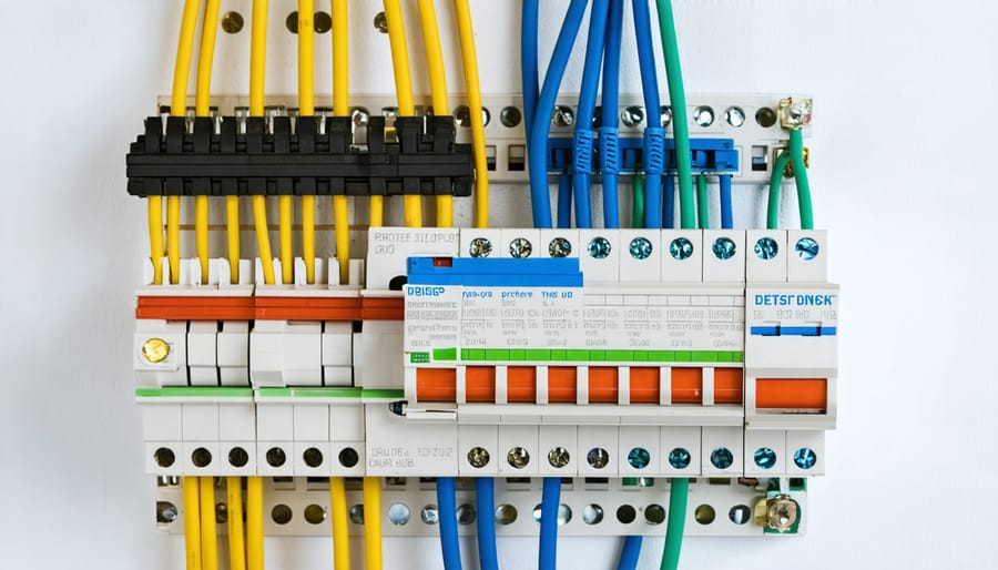 Close-up view of properly sized solar system conductors and circuit breakers in an electrical panel