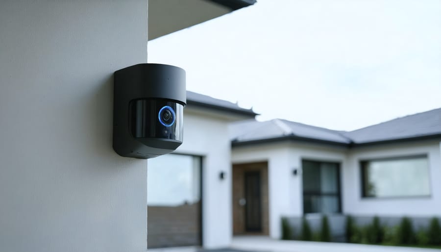 "Ultrasonic motion sensor with LED indicator installed on a residential exterior wall in bright lighting."