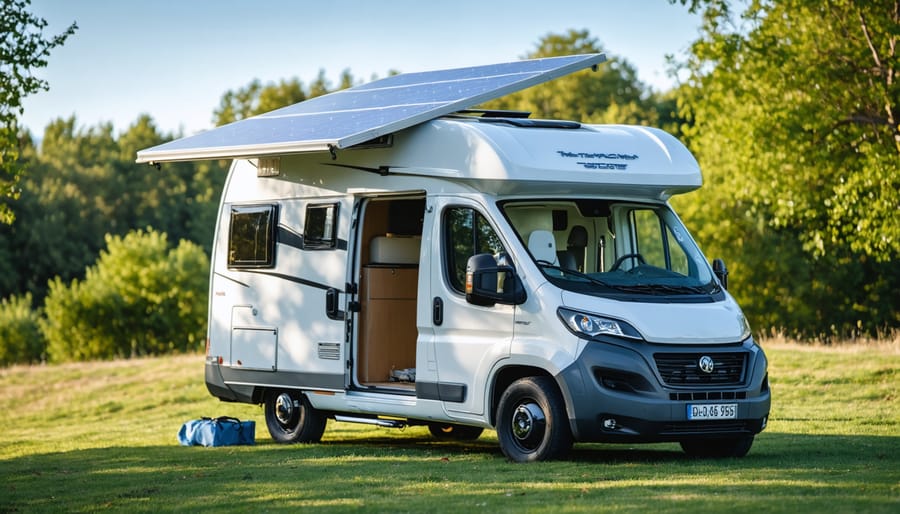 Camper van with solar panels installed on roof parked in mountain setting