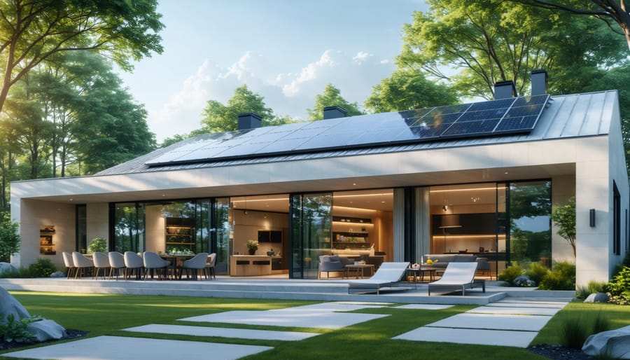 A modern zero-energy home with sleek solar panels on the roof, large energy-efficient windows, and an elegant design that highlights sustainability and harmony with nature.