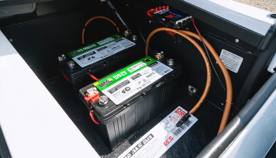 Two 6-volt RV golf cart batteries wired in series with a copper jumper and heavy 2/0 cables in a ventilated compartment, with a blurred inverter and charge controller in the background.