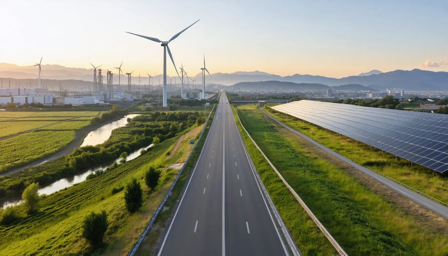 Forked road from a hillside vantage leading left to dense city and factories and right to green fields with wind turbines and solar panels under golden hour light.