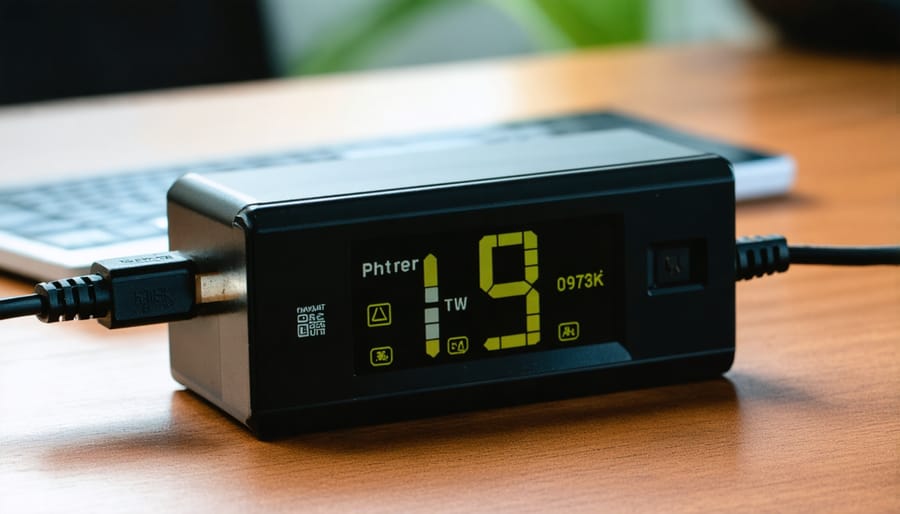 Digital battery monitor display showing voltage and amperage readings in motorhome