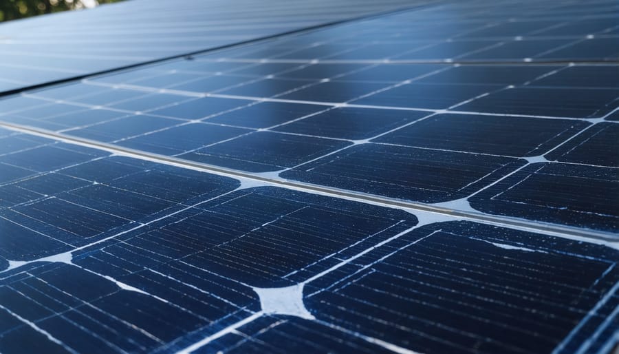 Person cleaning solar panel surface with squeegee and water