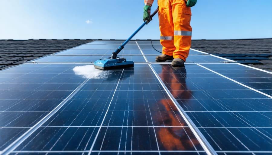 Person safely cleaning solar panels with brush and water on residential rooftop