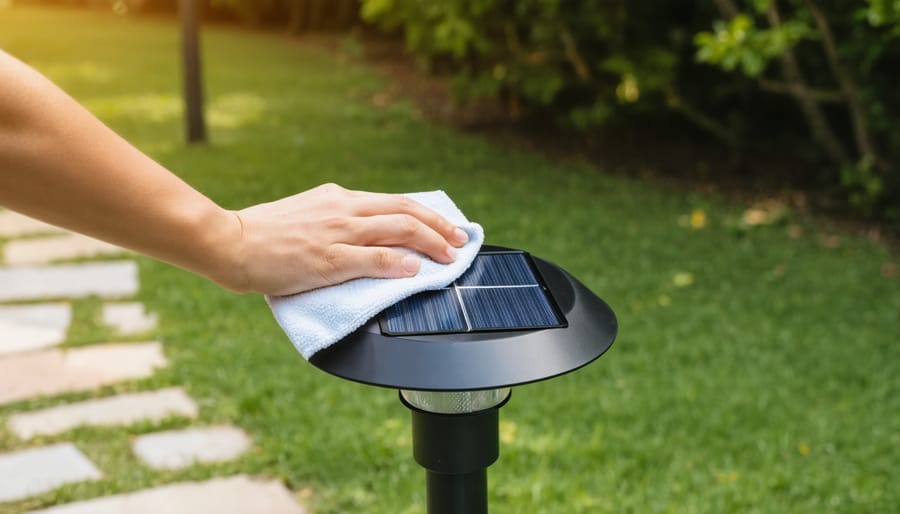 Hand wiping dust from the solar panel on a black garden pathway light with a microfiber cloth at golden hour, blurred foliage and other path lights in the background.