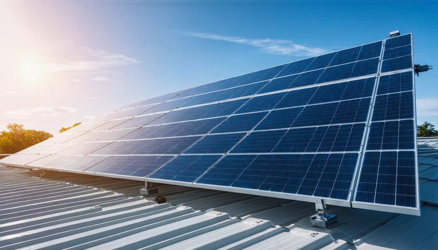 Residential solar panel array mounted on rooftop with electrical wiring visible