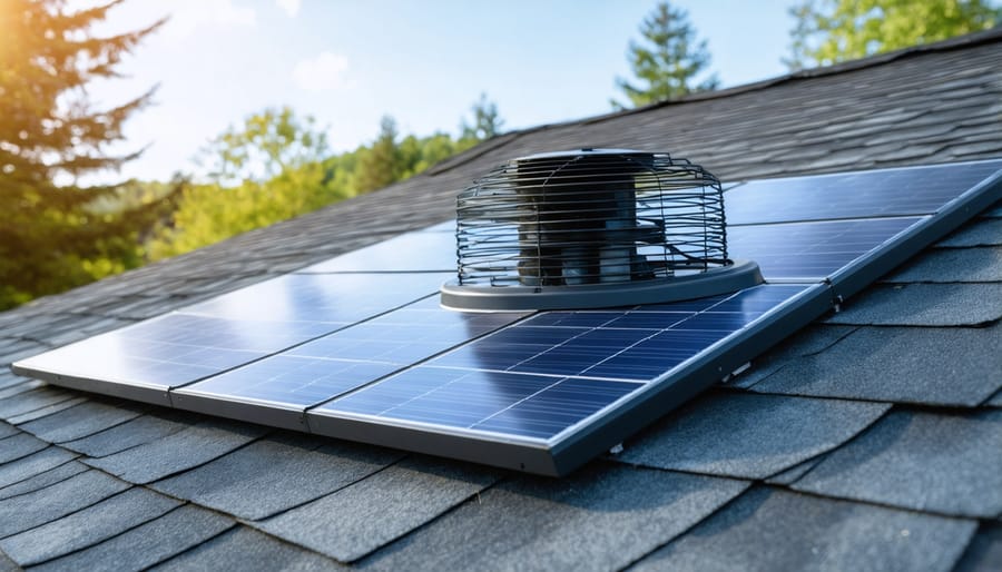DIY installation of solar attic fan showing hands using drill to secure roof flashing