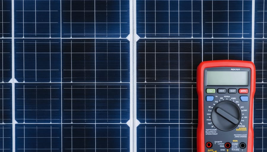 Person using multimeter to test solar panel electrical output on residential rooftop