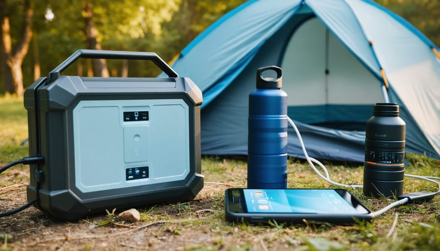 Family camping scene with portable power station charging phones, laptop and cooler
