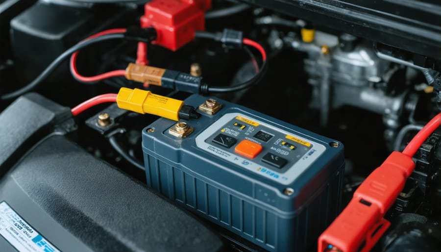 Mechanic testing generator battery terminals with digital multimeter