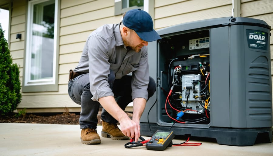 Homeowner kneels by an outdoor standby generator with the panel open, testing battery connections with multimeter probes; a house with rooftop solar and an outdoor battery cabinet is blurred in the background.
