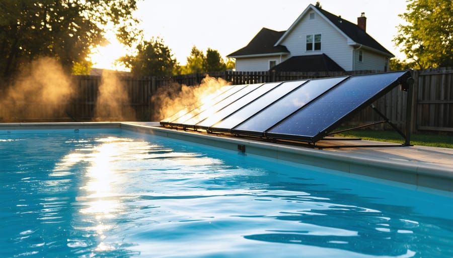 Glazed solar pool heating panels with transparent covers on a south-facing roof next to a steaming residential pool at golden hour, with a suburban home and autumn trees in the background.