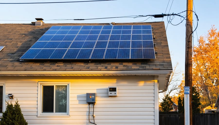 Suburban house with rooftop solar panels, glass electric meter on the side wall, and overhead utility lines leading to a street pole at golden hour, medium-wide eye-level view.