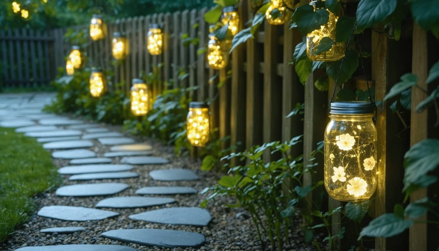 Hanging mason jar solar lights suspended from tree branches glowing at dusk