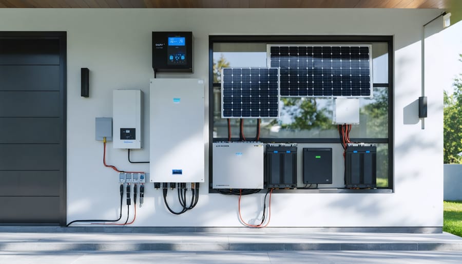 Wall-mounted inverter and charge controller next to stacked lithium battery modules in a tidy utility room, with rooftop monocrystalline solar panels visible through a window under soft natural daylight.