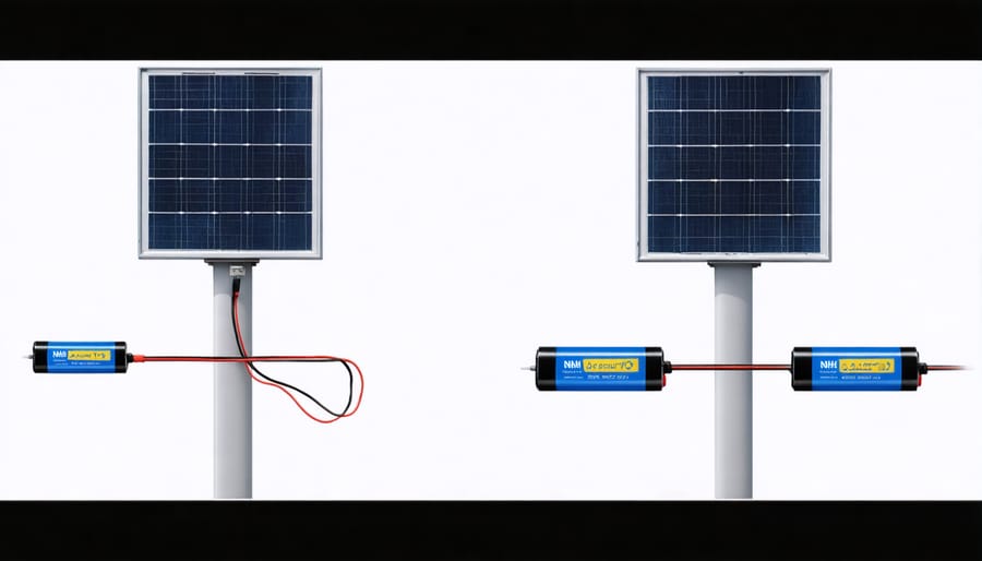Hands installing NiMH battery into solar light fixture during maintenance