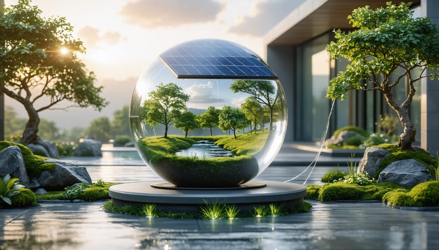 Close-up of hands assembling solar pump inside clear acrylic sphere during construction